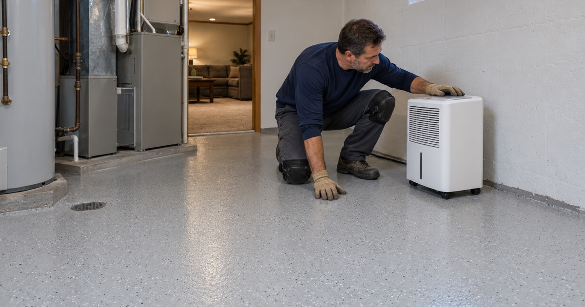 A dehumidifier rolled back into place on a new light gray epoxy basement floor in a Crystal Lake home.