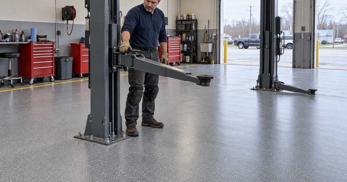A lift arm swung under a coated service bay floor in a Crystal Lake auto repair shop.