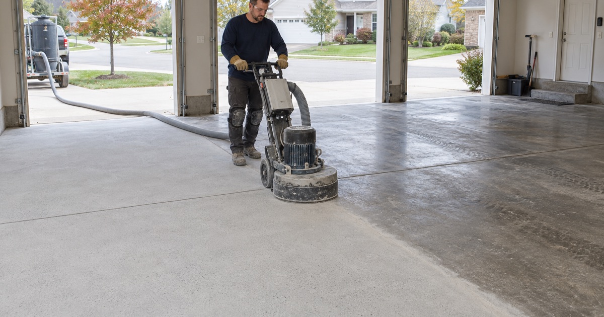 A walk-behind grinder opening up a Crystal Lake garage slab, the ground half pale and the rest still sealed.