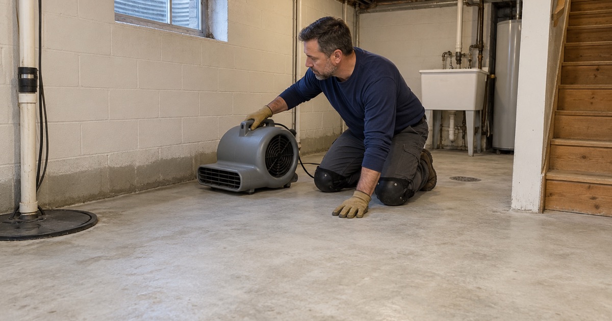 An air mover drying a cleaned bare basement slab in an older riverside Algonquin home before any coating.