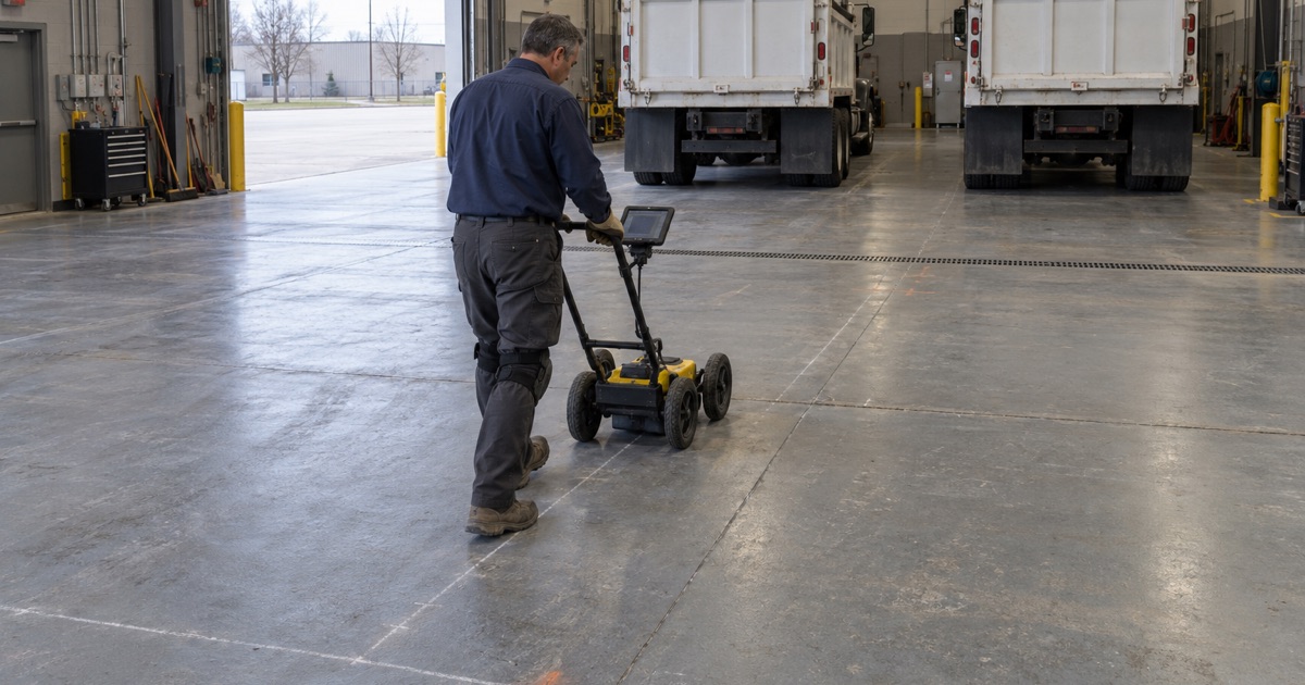 A scanning cart rolled across a radiant-heated fleet garage floor in Bensenville to map heating loops before cutting.