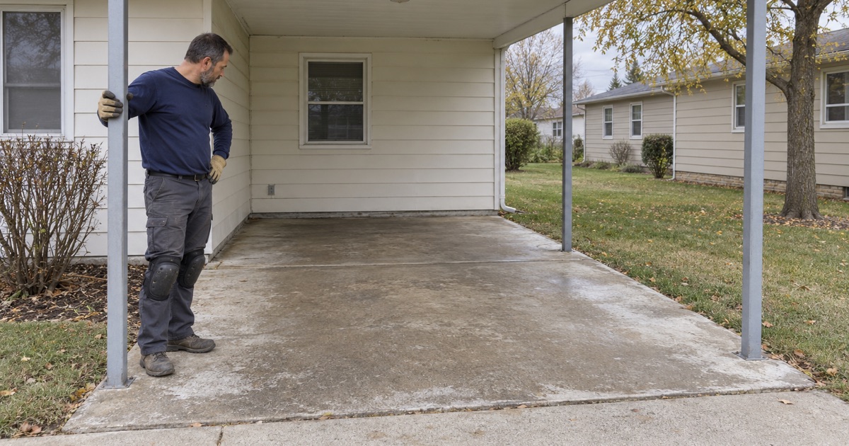 An open carport slab beside a small 1950s Carpentersville house, its weathered concrete ready for an exterior-grade coating.