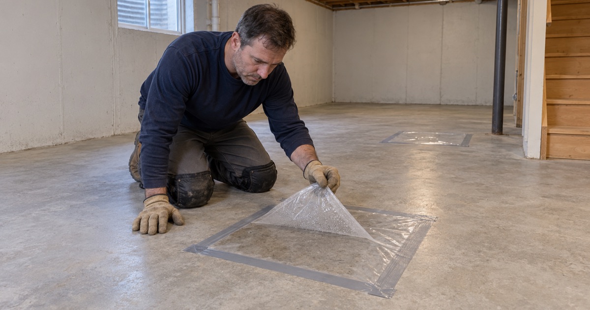 A taped plastic sheet peeled back after 24 hours to read moisture on a Cary basement slab.