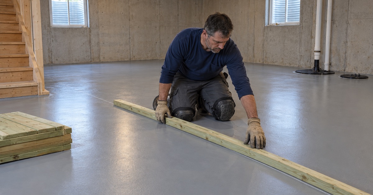 The first treated base plate laid on a freshly coated basement slab in a Huntley home before framing.