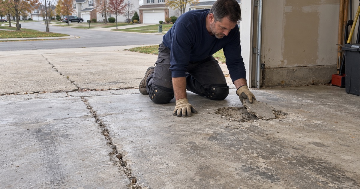 A loose old patch lifted from a 30-year-old Lake in the Hills garage slab during repair before coating.