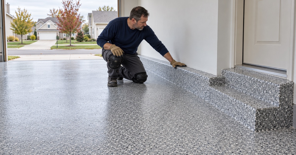 A Lakewood attached garage floor carried up and over the six-inch gas curb along the house wall
