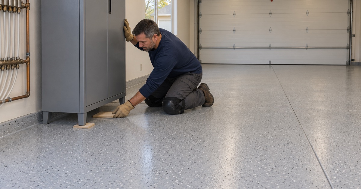 A plywood load pad slid under a cabinet leg on a coated radiant-heated garage floor in McHenry.