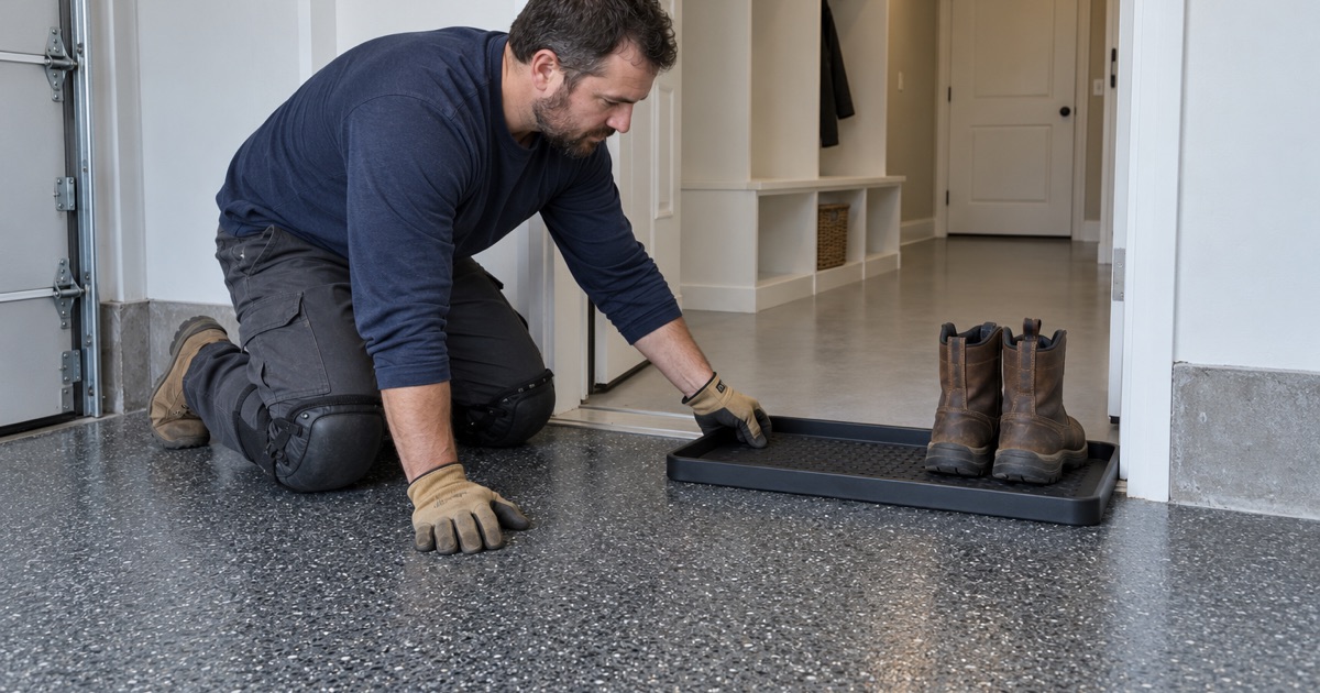 A coated entry floor in Salem Lakes with a boot tray where repellent-sprayed gear comes off