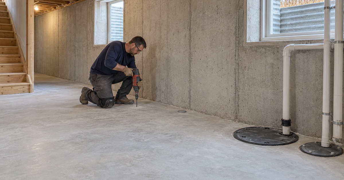 A moisture test hole drilled at the edge of a new Sycamore basement slab, beside the sump and ejector pits.