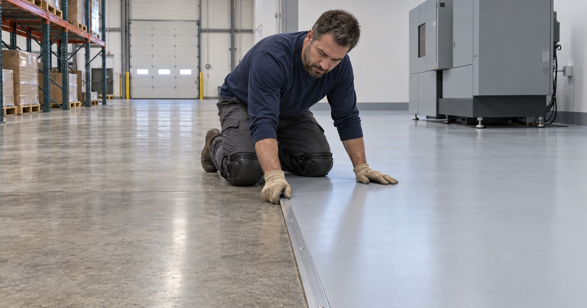 A transition strip pressed down where a coated demonstration floor meets a polished warehouse floor in West Dundee.