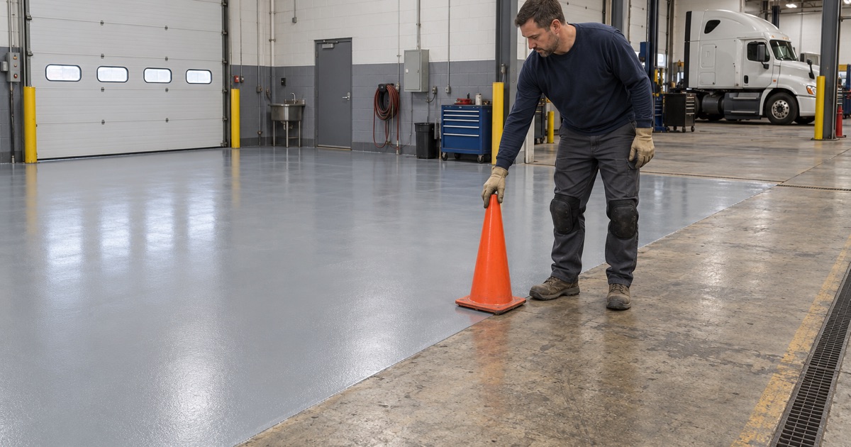 A traffic cone set at the edge of one freshly coated truck bay in a Wood Dale heavy-truck service shop.