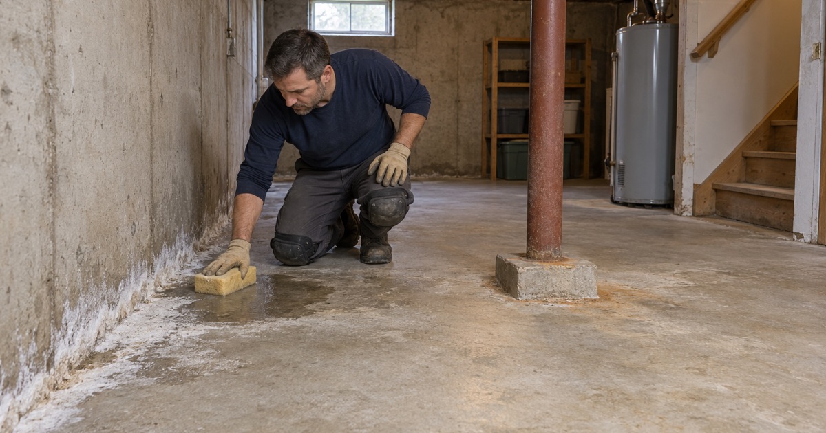 White efflorescence crust wiped from a bare basement slab in an older Woodstock house to read the stain.