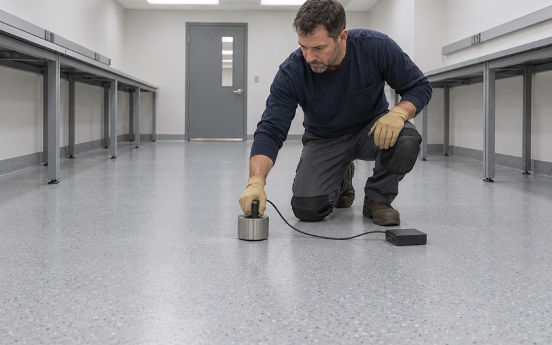 A resistance test electrode set on a gray static-control floor in a Crystal Lake electronics assembly room.