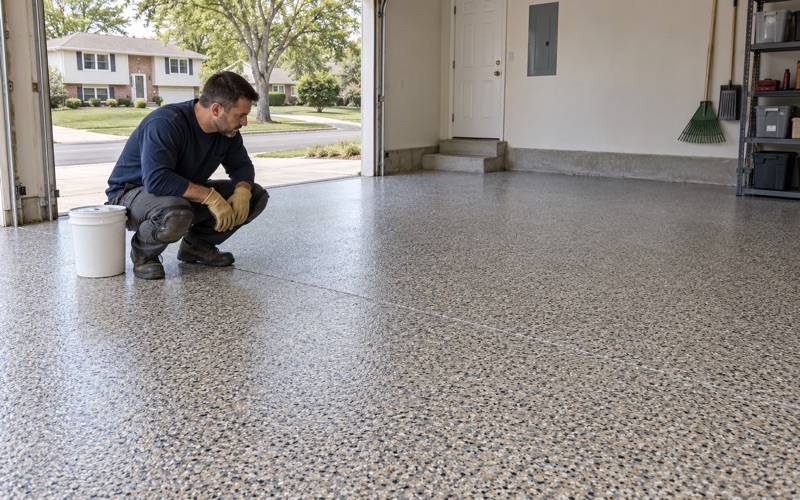 A finisher crouching to inspect a dense gray, tan and black flake floor in a Crystal Lake garage.