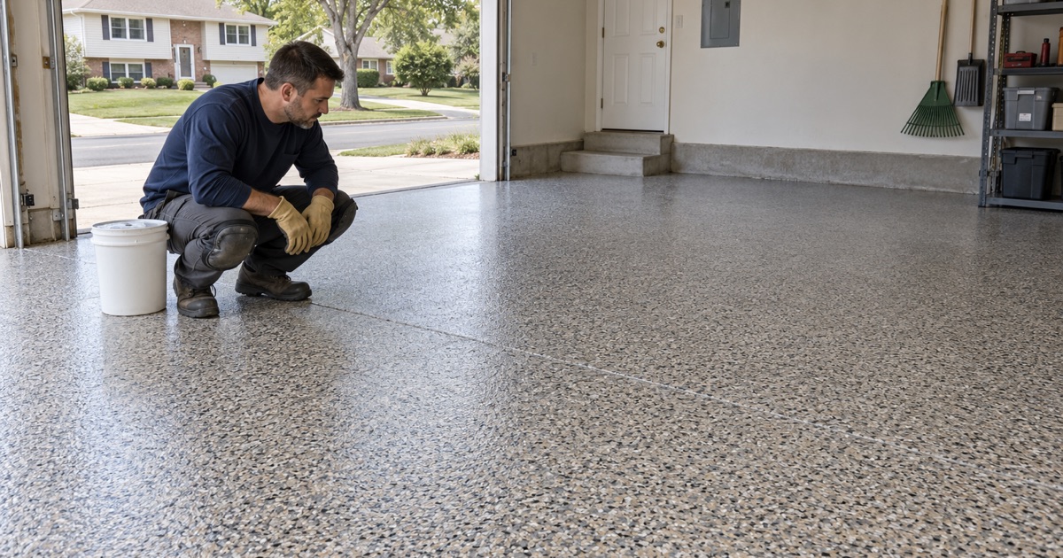 A finisher crouching to inspect a dense gray, tan and black flake floor in a Crystal Lake garage.