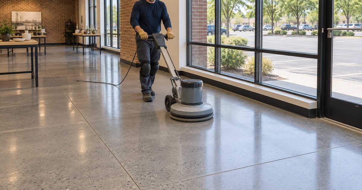 A burnisher run across a polished gray concrete floor in a Crystal Lake showroom with a soft reflected sheen.